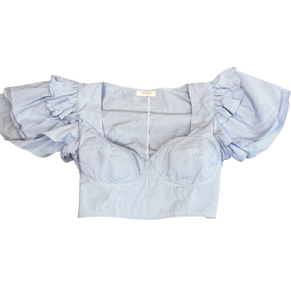 Petersyn Striped Crop Top XS Ruffle Puff Bustier Preppy Nautical Blue White